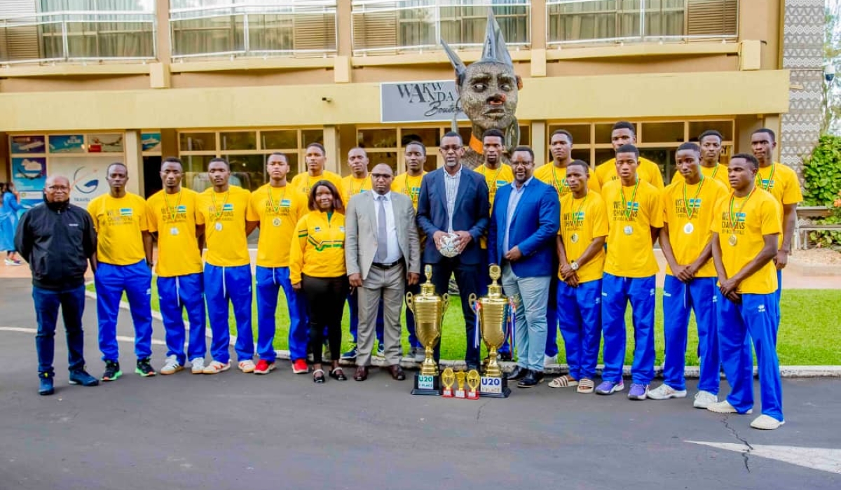 Sports Minister Richard Nyirishema poses for a photo with Rwanda U20 team that won the 2024 IHF Trophy Continental Phase in Addis Ababa, Ethiopia-courtesy