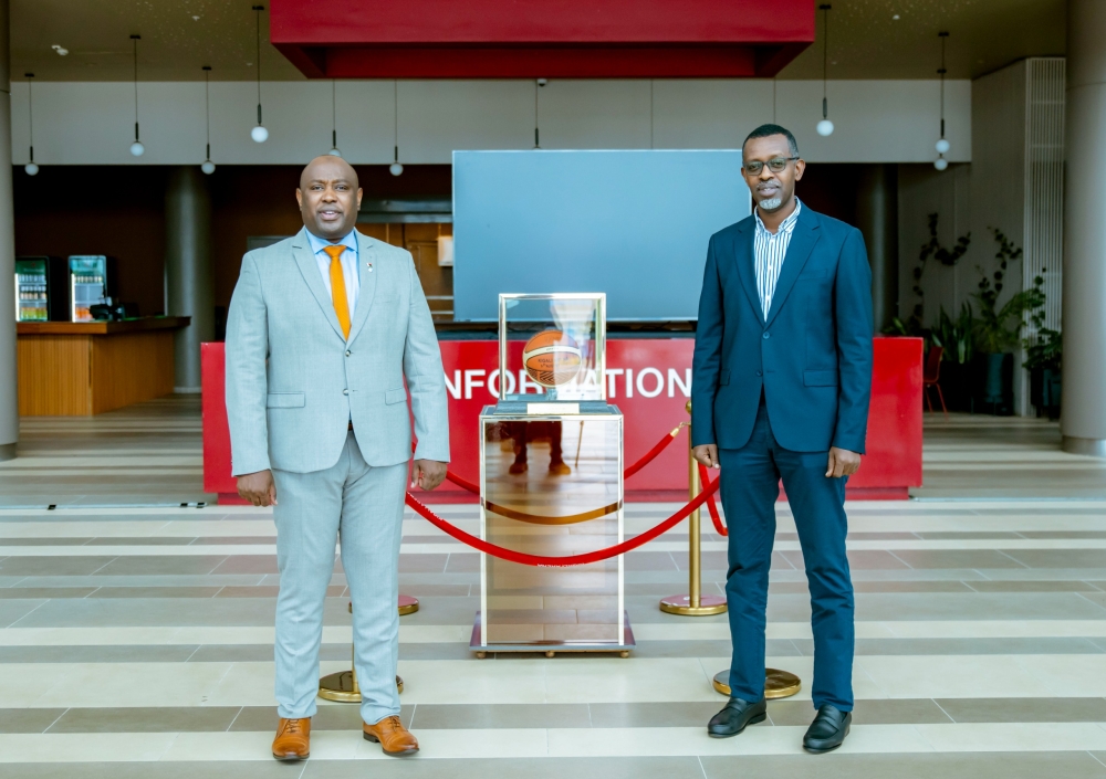 Madagascar Minister of Youth and Sports Abdullah Marson Moustapha (L) and his Rwandan counterpart Richard Nyirishema (R) pose for a photo after touring BK Arena on Thursday, November 7-courtesy