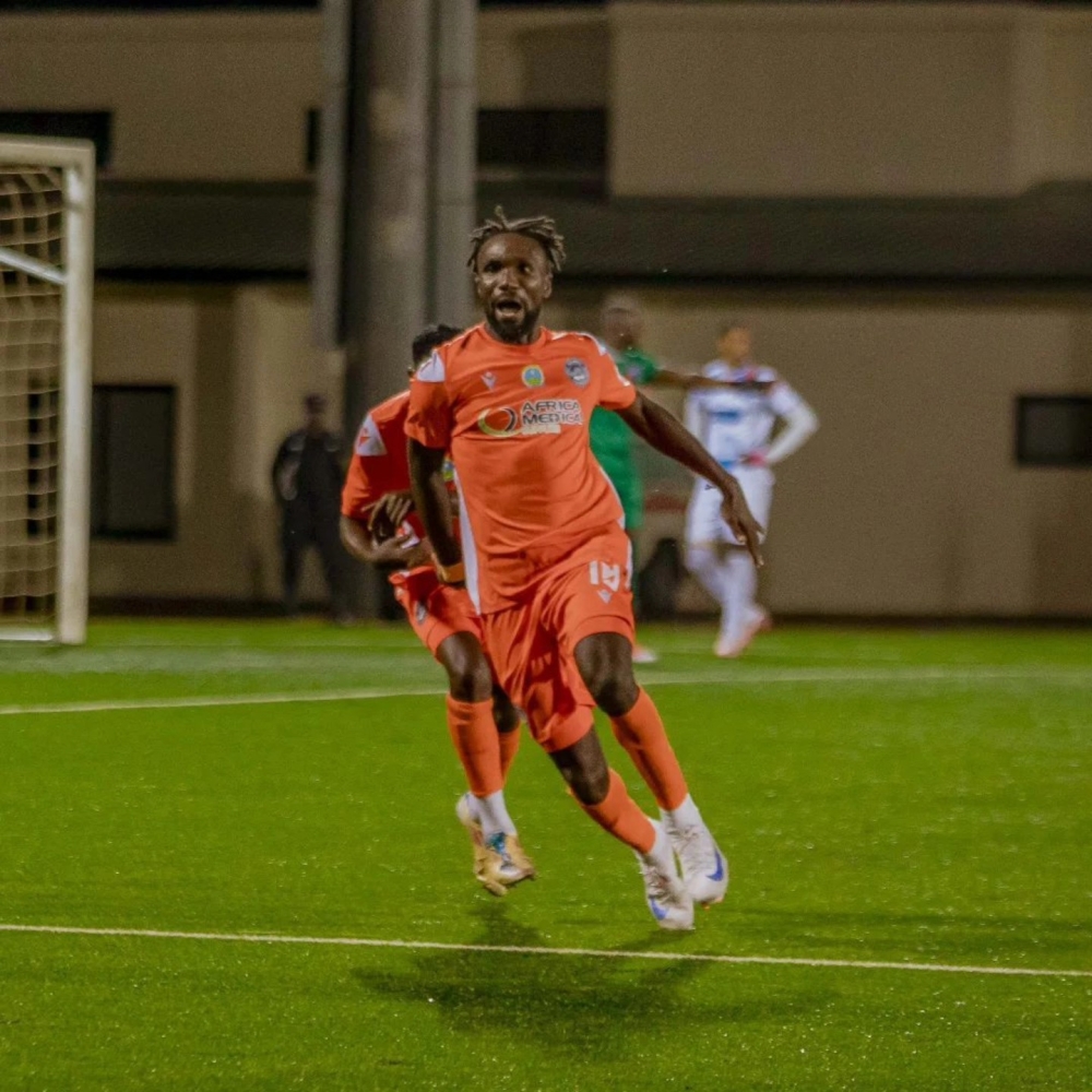 Nigerian defender Franklin Onyeabor wheels away in celebration as his strike powered AS Kigali past Police FC in Sunday&#039;s 1-0 win at Kigali Pele Stadium-courtesy