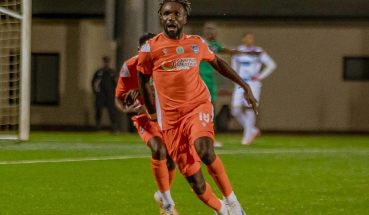 Nigerian defender Franklin Onyeabor wheels away in celebration as his strike powered AS Kigali past Police FC in Sunday&#039;s 1-0 win at Kigali Pele Stadium-courtesy