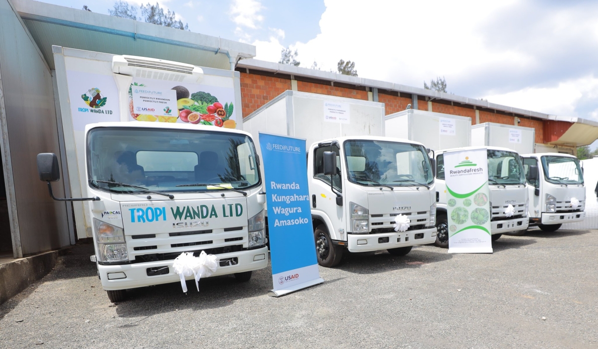 Nine Rwandan private exporters, through the Feed the Future Rwanda Kungahara Wagura Amasoko project,  recently received new refrigerated trucks. Photo Courtesy 