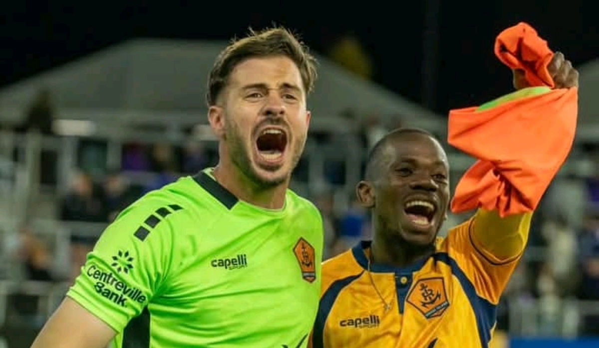 Kwizera celebrates with goalkeeper Kiko Vegas following their qualification to the USL Championship play-off final on Saturday, November 9. Courtesy