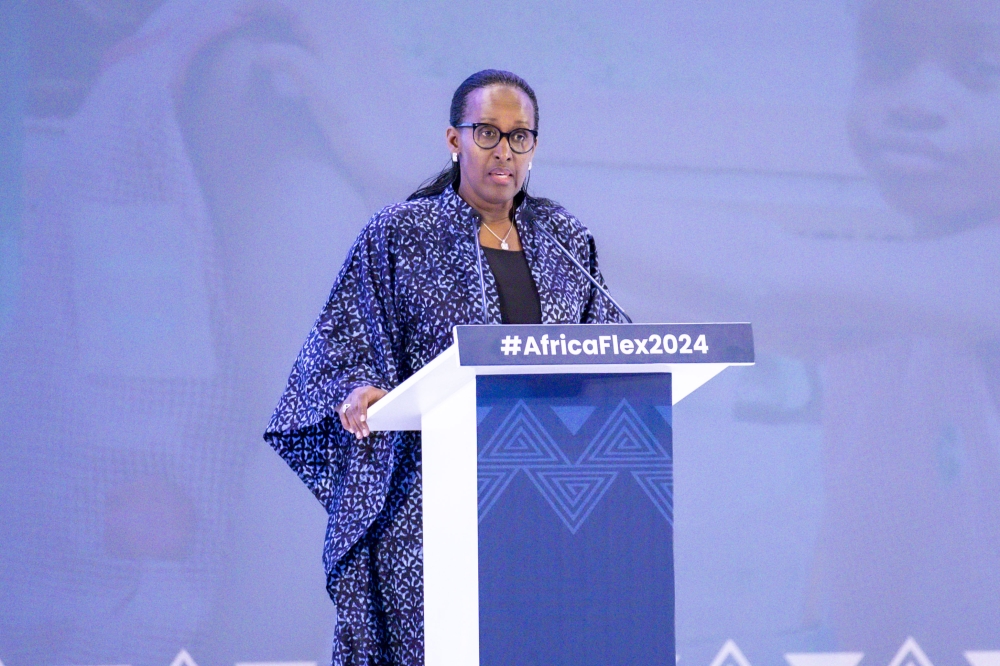 First Lady Jeannette Kagame speaks at the opening of the second Africa Foundational Learning Exchange (FLEX 2024) in Kigali on November 12. Photo by Emmanuel Dushimimana