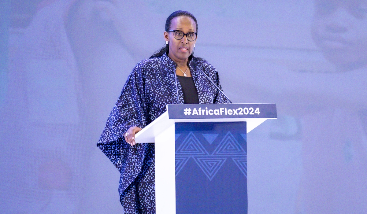 First Lady Jeannette Kagame speaks at the opening of the second Africa Foundational Learning Exchange (FLEX 2024) in Kigali on November 12. Photo by Emmanuel Dushimimana