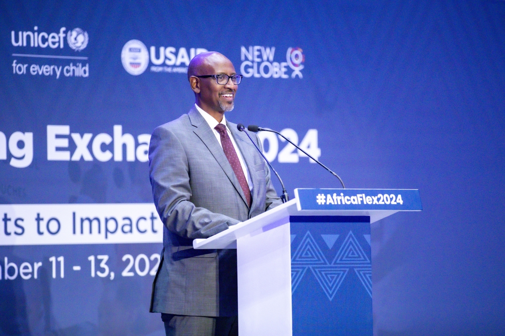 Joseph Nsengimana, Rwanda’s Minister of Education, speaks at the Africa Foundational Learning Exchange (FLEX) 2024 in Kigali on November 13. Photo by Emmanuel Dushimimana.