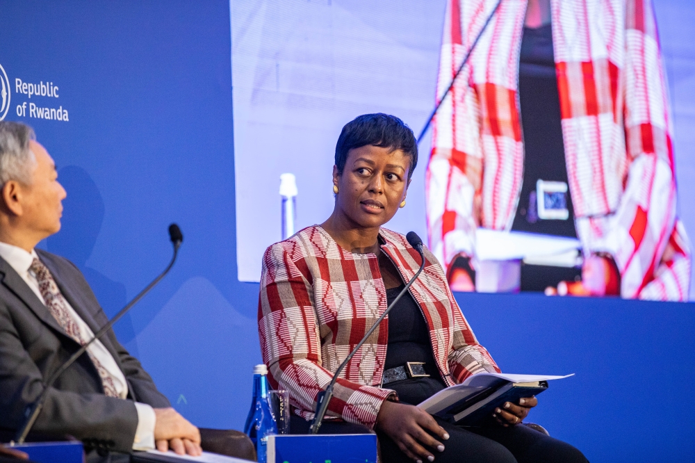 Jeanne Francoise Mubiligi, Chairperson of the Private Sector Federation (PSF), speaks at the launch of the Pathways to Sustainable and Inclusive Growth report in Kigali on Wednesday, November 13. Photo by Dan Gatsinzi.