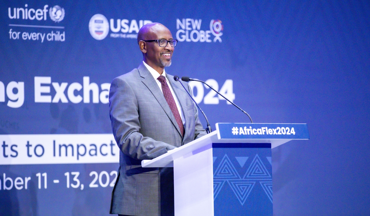 Joseph Nsengimana, Rwanda’s Minister of Education, speaks at the Africa Foundational Learning Exchange (FLEX) 2024 in Kigali on November 13. Photo by Emmanuel Dushimimana.