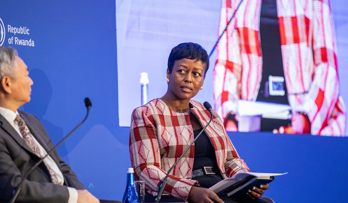 Jeanne Francoise Mubiligi, Chairperson of the Private Sector Federation (PSF), speaks at the launch of the Pathways to Sustainable and Inclusive Growth report in Kigali on Wednesday, November 13. Photo by Dan Gatsinzi.