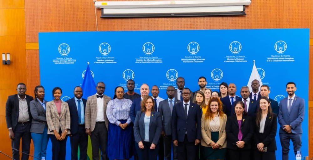 The delegation of Israeli deputy ambassadors in Africa and Minister of State in the Rwandan Ministry of Foreign Affairs and International Cooperation Gen (Rtd) James Kabarebe as well as other officials pose for a photo in Kigali.