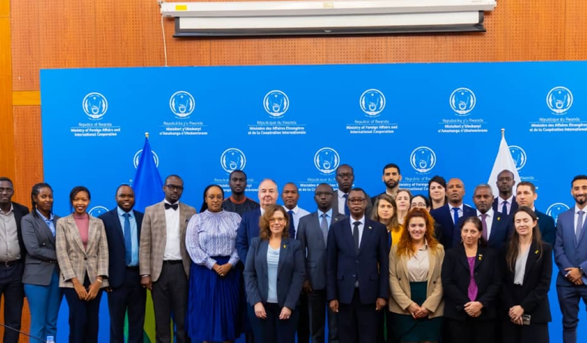 The delegation of Israeli deputy ambassadors in Africa and Minister of State in the Rwandan Ministry of Foreign Affairs and International Cooperation Gen (Rtd) James Kabarebe as well as other officials pose for a photo in Kigali.