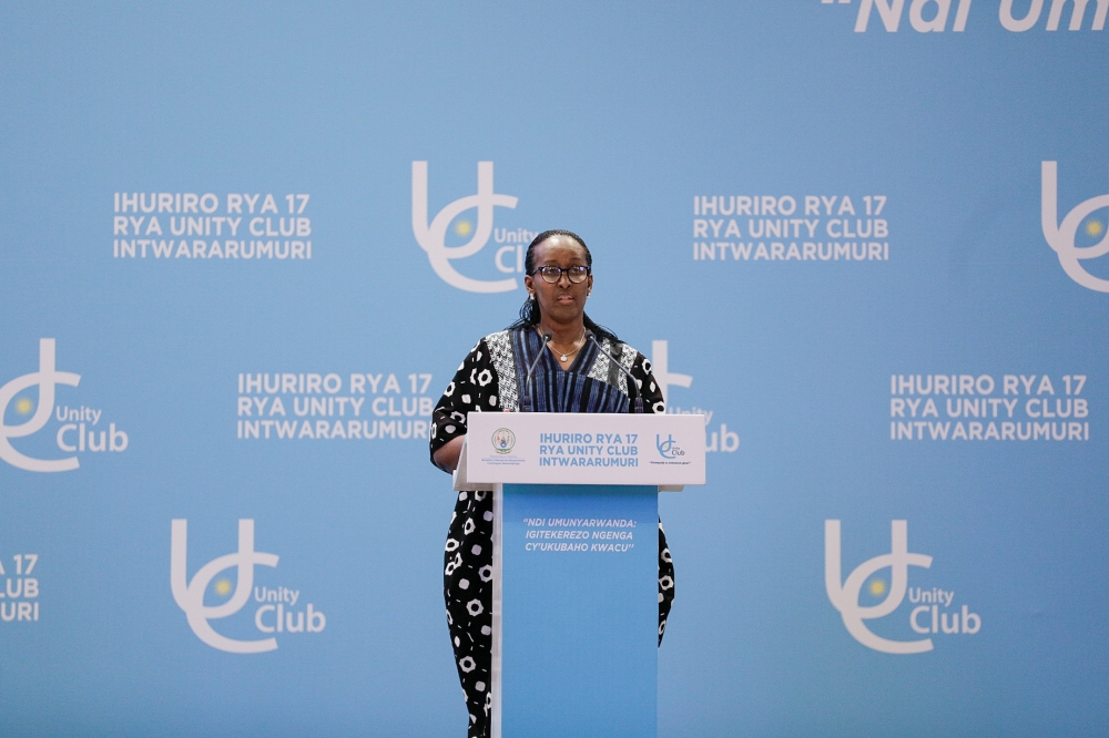 First Lady Jeannette Kagame speaks during the 17th annual forum of Unity Club Intwararumuri, in Kigali, on Saturday, November 16.