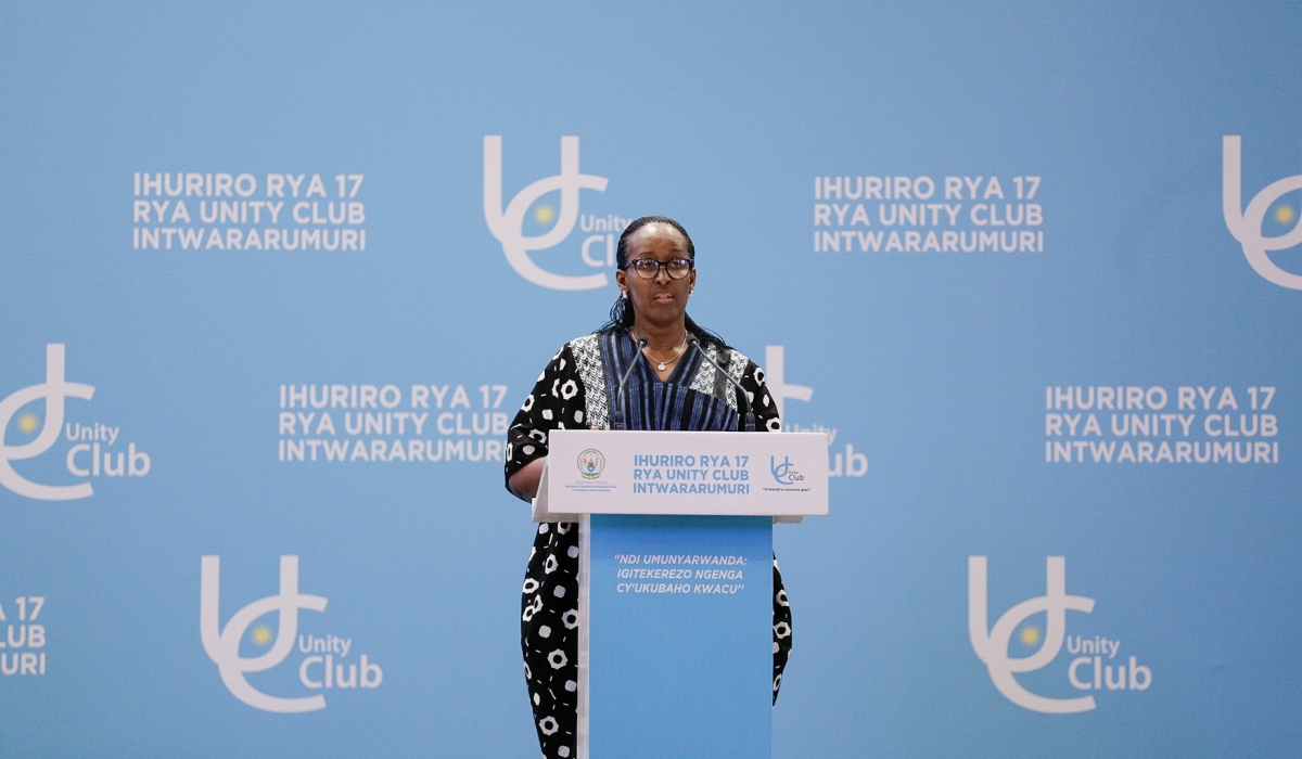 First Lady Jeannette Kagame speaks during the 17th annual forum of Unity Club Intwararumuri, in Kigali, on Saturday, November 16.