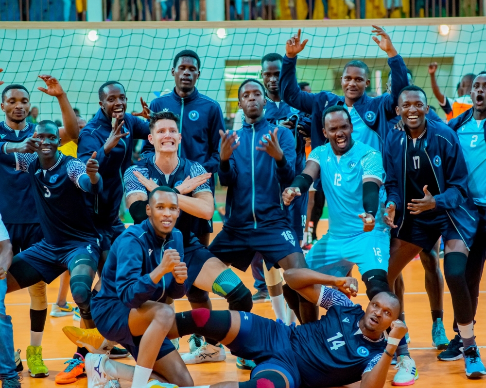 Police VC players celebrate after beating Gisagara VC on their home ground at Gisagara Gymnasium on Sunday, November 17-courtesy