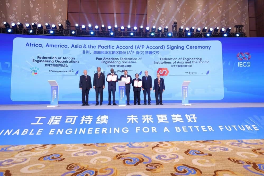 L-R: Eng. Tan Seng Chuah, President-Elect, World Federation of Engineering Organizations (Singapore); Prof. Dr Shahbaz Khan, UNESCO Director, Regional Office for East Asia (China); Eng. Kazawadi Papias Dedeki, President FAEO (Rwanda); Ing. Aridai (Ari) Herrera, President UPADI (USA); Prof. Dr Aung Kyaw Myat President FEIAP (Myanmar); Ir. Dr Tan Yean Chin, Secretary General, FEIAP (Malaysia); and Ir. Prof. Chuah Hean Teik, FEIAP (Malaysia).