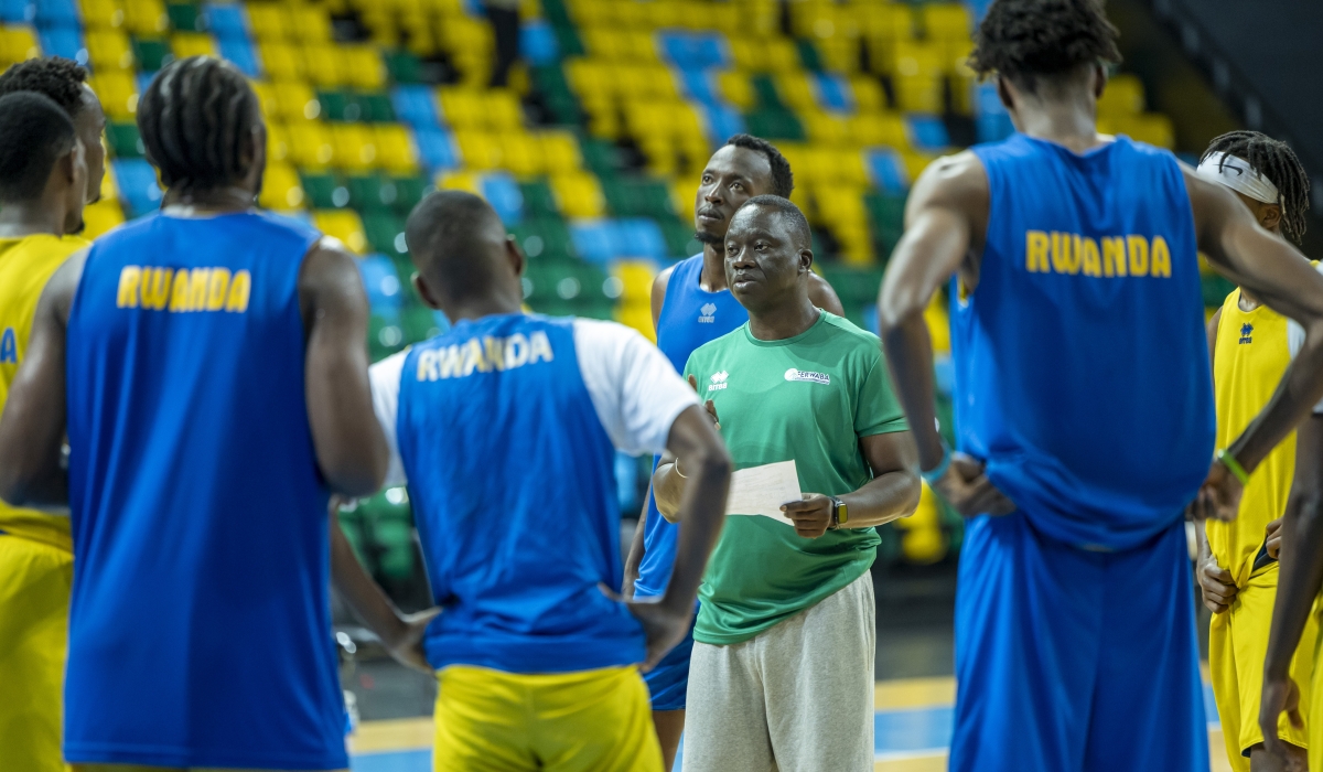 Rwanda’s national basketball team head coach Cheikh Sarr gives instructions to players during the training at Bk Arena on November 17. Photo Courtesy