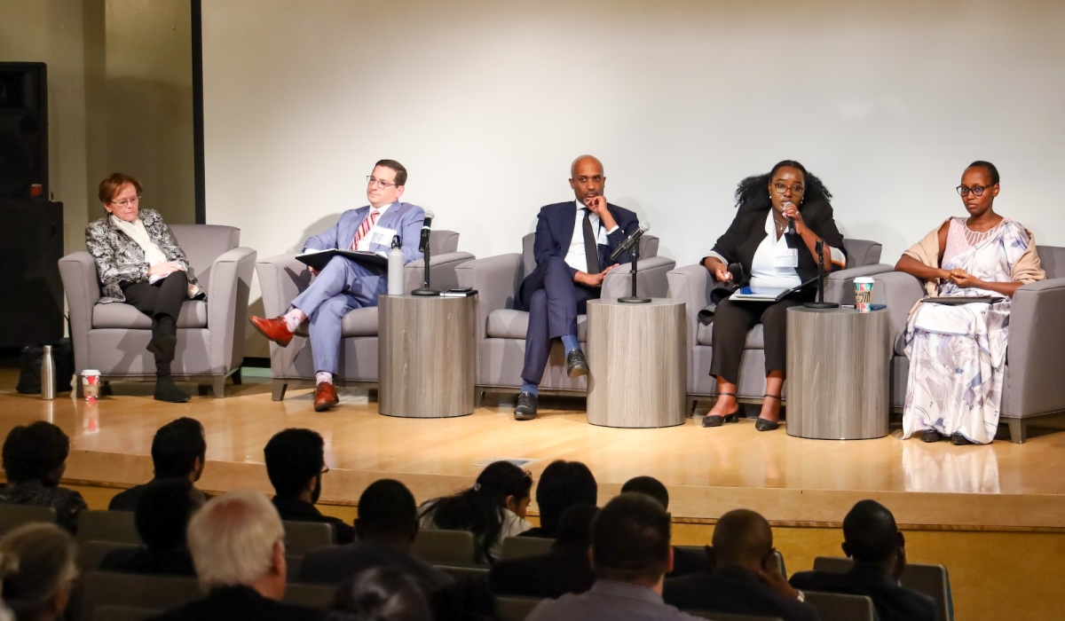 Rwanda&#039;s Minister of Justice, Emmanuel Ugirashebuja (centre), and CEO of the Rwanda Governance Board, Doris Uwicyeza Picard (second right) take part in a panel discussion at the International Conference on Genocide held at California State University, Sacramento on November 14-16. 