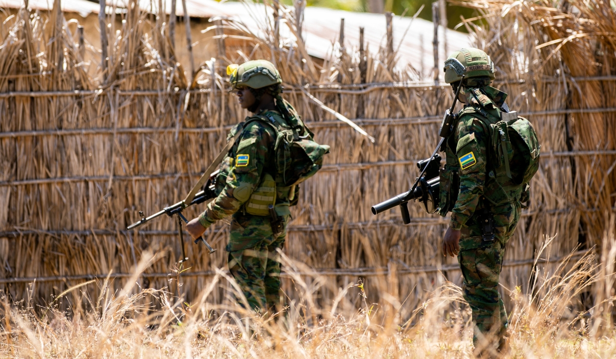 Rwandan soldiers on patrol in Quionga village, Cabo Delgado. Photo by Olivier Mugwiza