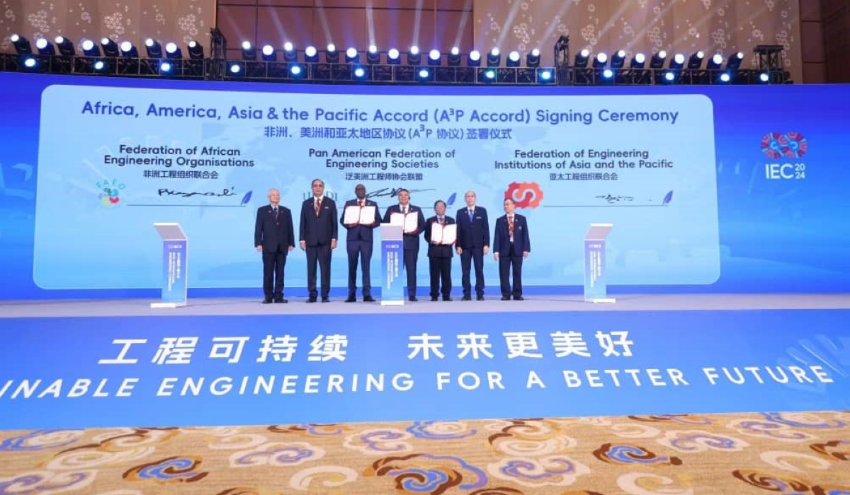 L-R: Eng. Tan Seng Chuah, President-Elect, World Federation of Engineering Organizations (Singapore); Prof. Dr Shahbaz Khan, UNESCO Director, Regional Office for East Asia (China); Eng. Kazawadi Papias Dedeki, President FAEO (Rwanda); Ing. Aridai (Ari) Herrera, President UPADI (USA); Prof. Dr Aung Kyaw Myat President FEIAP (Myanmar); Ir. Dr Tan Yean Chin, Secretary General, FEIAP (Malaysia); and Ir. Prof. Chuah Hean Teik, FEIAP (Malaysia).