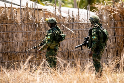 Rwandan soldiers on patrol in Quionga village, Cabo Delgado. Photo by Olivier Mugwiza