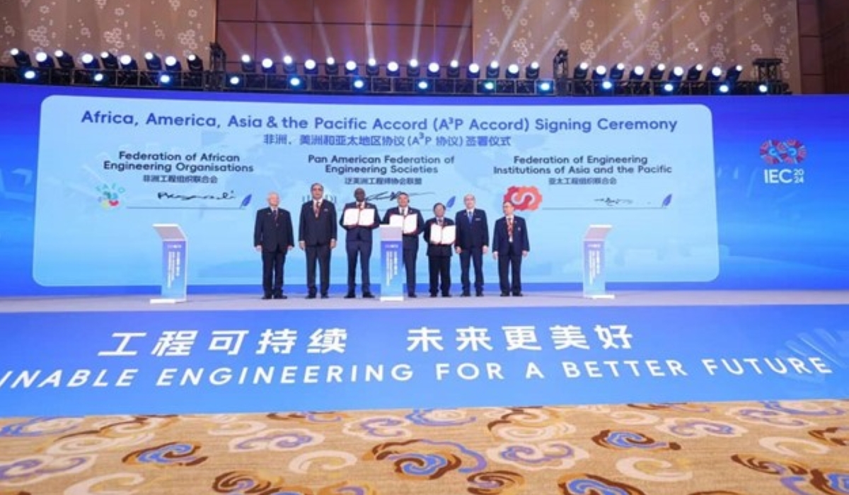 L-R: Eng. Tan Seng Chuah, President-Elect, World Federation of Engineering Organizations (Singapore); Prof. Dr Shahbaz Khan, UNESCO Director, Regional Office for East Asia (China); Eng. Kazawadi Papias Dedeki, President FAEO (Rwanda); Ing. Aridai (Ari) Herrera, President UPADI (USA); Prof. Dr Aung Kyaw Myat President FEIAP (Myanmar); Ir. Dr Tan Yean Chin, Secretary General, FEIAP (Malaysia); and Ir. Prof. Chuah Hean Teik, FEIAP (Malaysia).