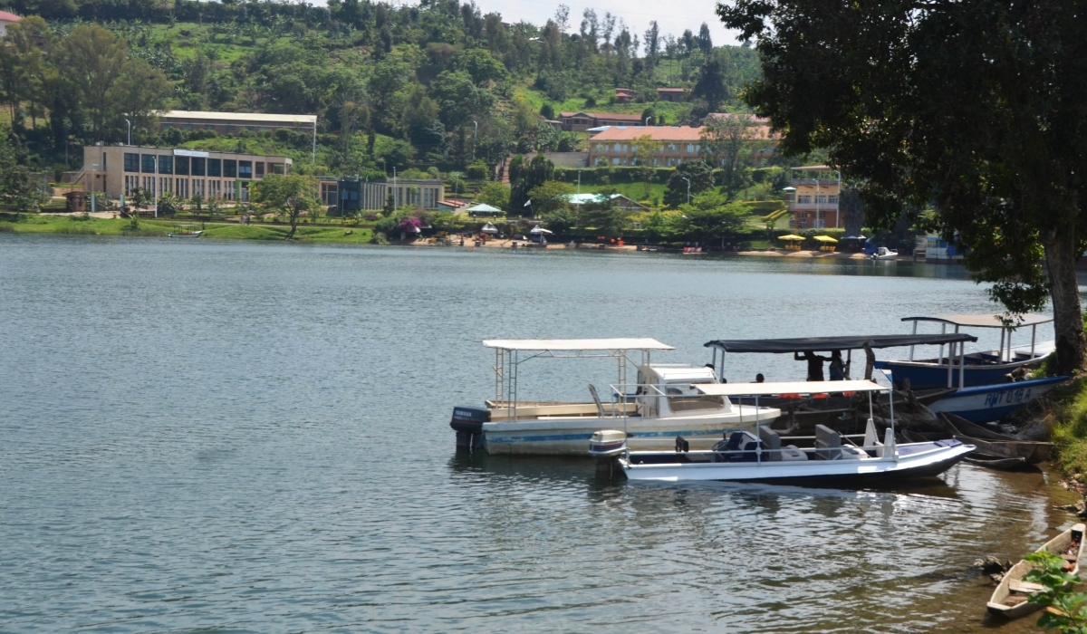 A landscape view of Karongi Port on the shores of Lake Kivu.