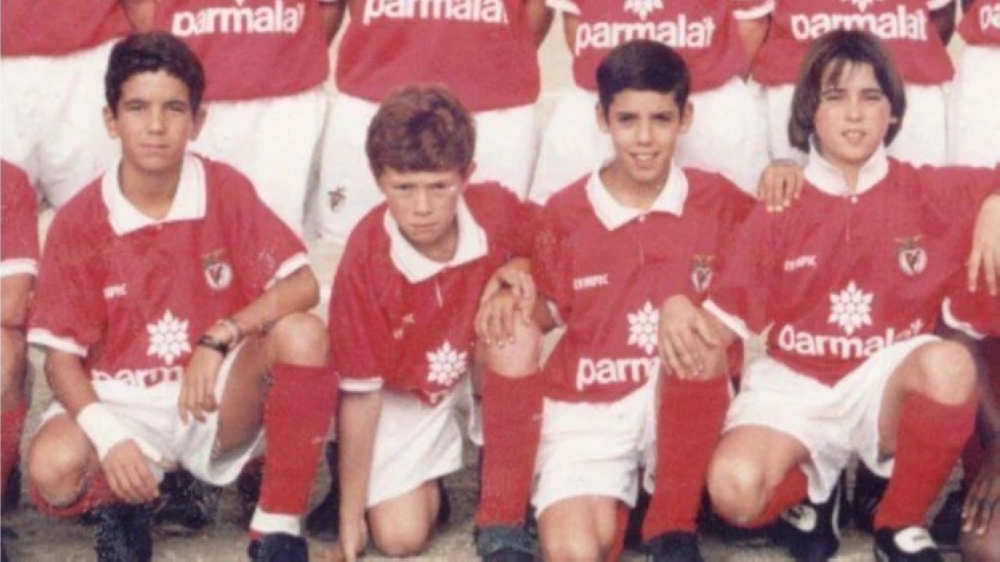 Ruben Amorim (left) pictured in the Benfica boys&#039; team along with friends Bruno Simao (second right) and Pedro Russiano (right)-PEDRO RUSSIANO