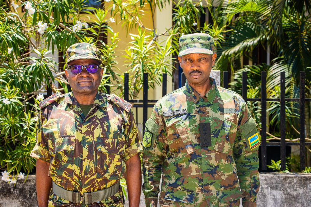 Rwanda Security Force (RSF) Commander, Maj Gen Emmy  Ruvusha and Mozambique Armed Forces Chief of General Staff (CGS) Admiral Joaquim Mangrasse  at Mocimboa da Pria. Courtesy