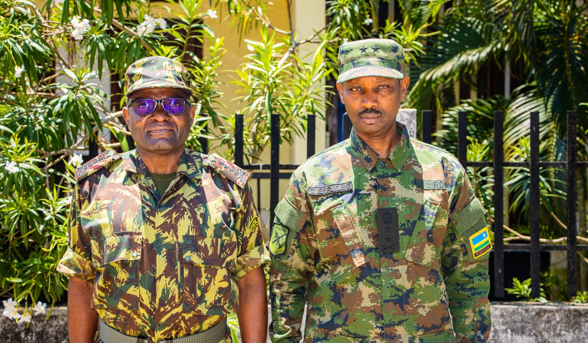 Rwanda Security Force (RSF) Commander, Maj Gen Emmy  Ruvusha and Mozambique Armed Forces Chief of General Staff (CGS) Admiral Joaquim Mangrasse  at Mocimboa da Pria. Courtesy