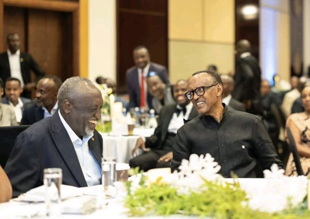 President Paul Kagame and Tito Rutaremara share a light moment during the celebration of Tito Rutaremara&#039;s 80th birthday on Saturday, November 23. Photo by Village Urugwiro