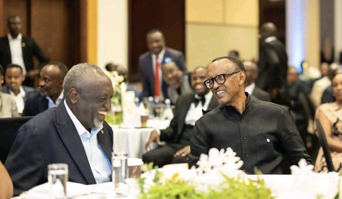 President Paul Kagame and Tito Rutaremara share a light moment during the celebration of Tito Rutaremara&#039;s 80th birthday on Saturday, November 23. Photo by Village Urugwiro