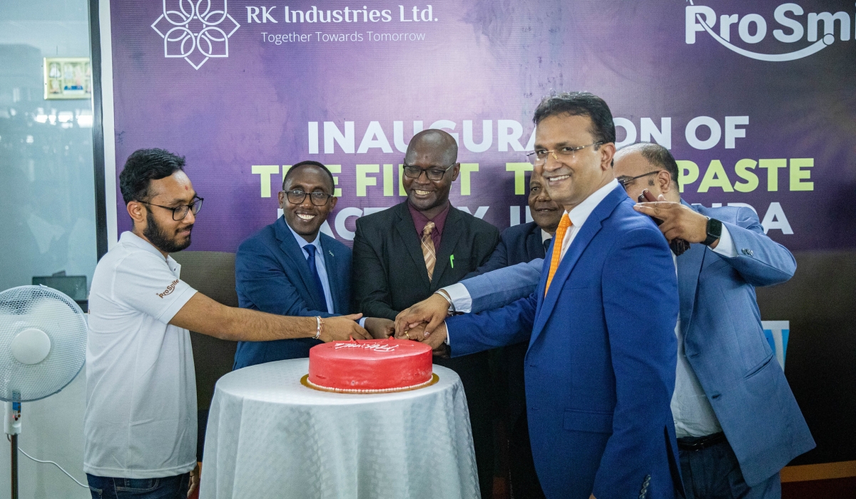 Officials cut a cake as RK Industries inaugurated Rwanda&#039;s first toothpaste factory in the Kigali Special Economic Zone, on November 22. Craish Bahizi