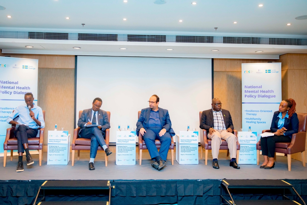 A panel discussion at the National Dialogue on November 21. The meeting brought together experts, policymakers, and practitioners in mental health to explore strategies for advancing mental health care in Rwanda.