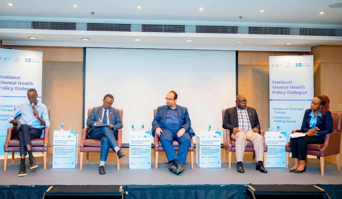 A panel discussion at the National Dialogue on November 21. The meeting brought together experts, policymakers, and practitioners in mental health to explore strategies for advancing mental health care in Rwanda.