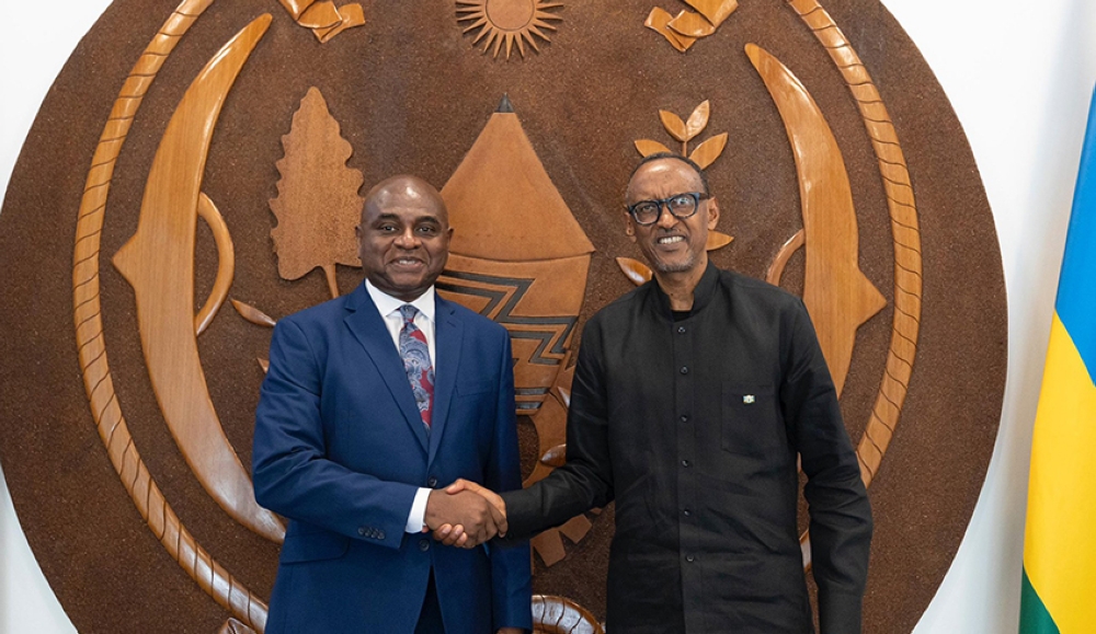 President Paul Kagame receives Prof. Kingsley Chiedu Moghalu, the President of the African School of Governance (ASG), at Urugwiro Village, on Tuesday, November 26.