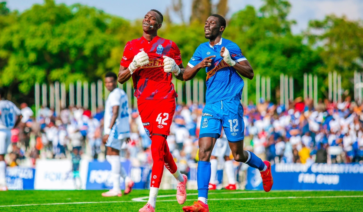 Goalkeeper Khadime Ndiaye (8 clean sheets) and forward Fall Ngagne (4 goals) celebrate after helping Rayon Sports beat Gorilla FC 2-0 on Sunday to make it seven wins in a row-courtesy