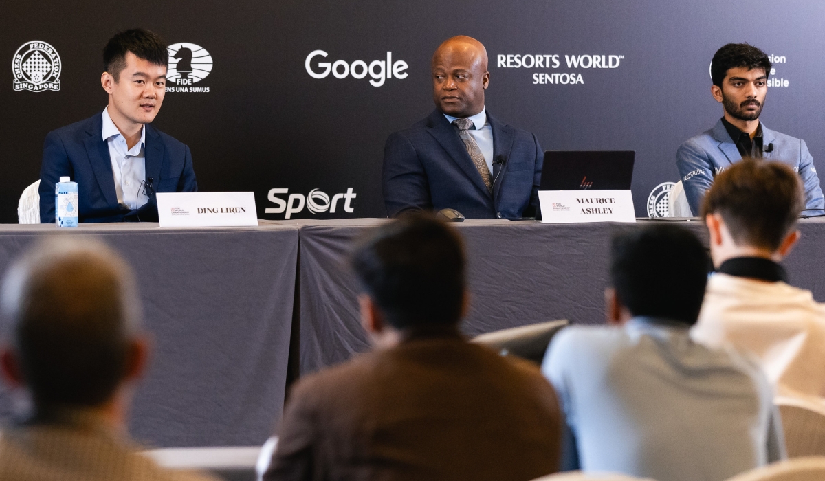 L-R: Reigning world champion Ding Liren, GM Maurice Ashley, the emcee and press conference host for the match, and GM Gukesh Dommaraju, at the Round 2 post-game press conference, on Tuesday, November 26. Courtesy of FIDE