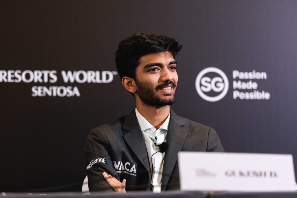 GM Gukesh Dommaraju smiles after making a strong comeback, handing defending champion GM Ding Liren his first loss of the FIDE World Chess Championship 2024 in the third round at the Resorts World Sentosa in Singapore, on Wednesday, November 27. Courtesy of FIDE