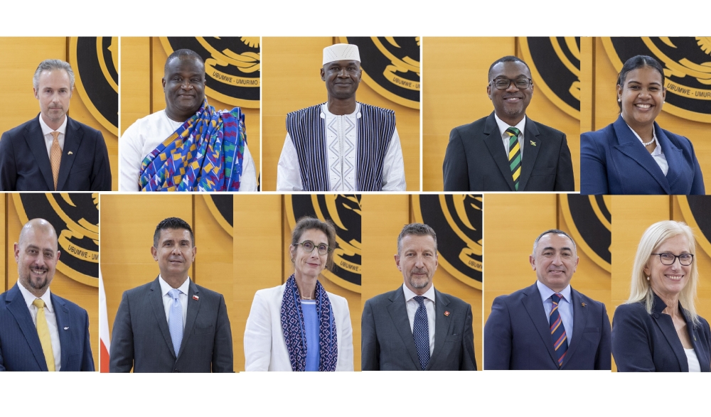  (L-R) Amb. Dag Sjöögren of Sweden, High Commissioner Ernest Yaw Amporful of Ghana, Brig. Gen. Mamary Camara of Mali,High Commissioner Lincoln G. Downer of Jamaica, AmBb Nadeska Imara Cuthbert Carlson of Nicaragua, (L-R) High Commissioner Savvas Vladimirou of Cyprus, Amb. Patricio Alberto Aguirre Vacchieri of Chile, Amb. Jeanne Crauser of Luxembourg, Amb. Mirko Giulietti of Switzerland, Amb. Sahak Sargsyan of Armenia and High Commissioner Jenny Isabella Da Rin of Australia. Photo by Village Urugwiro