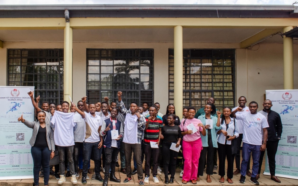 Participants at Huawei Technologies Rwanda&#039;s ICT Competition 2024-2025 roadshow,  pose for a group photo. Courtesy