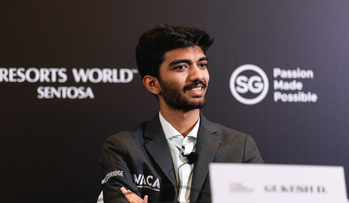 GM Gukesh Dommaraju smiles after making a strong comeback, handing defending champion GM Ding Liren his first loss of the FIDE World Chess Championship 2024 in the third round at the Resorts World Sentosa in Singapore, on Wednesday, November 27. Courtesy of FIDE