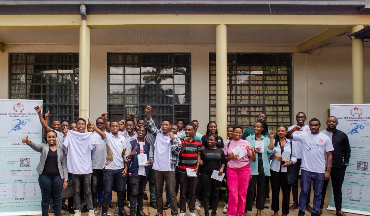 Participants at Huawei Technologies Rwanda&#039;s ICT Competition 2024-2025 roadshow,  pose for a group photo. Courtesy