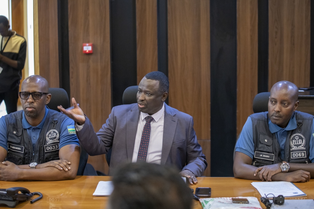 John Bosco Siboyintore, a prosecutor at the National Public Prosecution Authority (NPPA) addresses journalists during the handover of terror suspect Salman Khan on November 27. Emmanuel Dushimimana