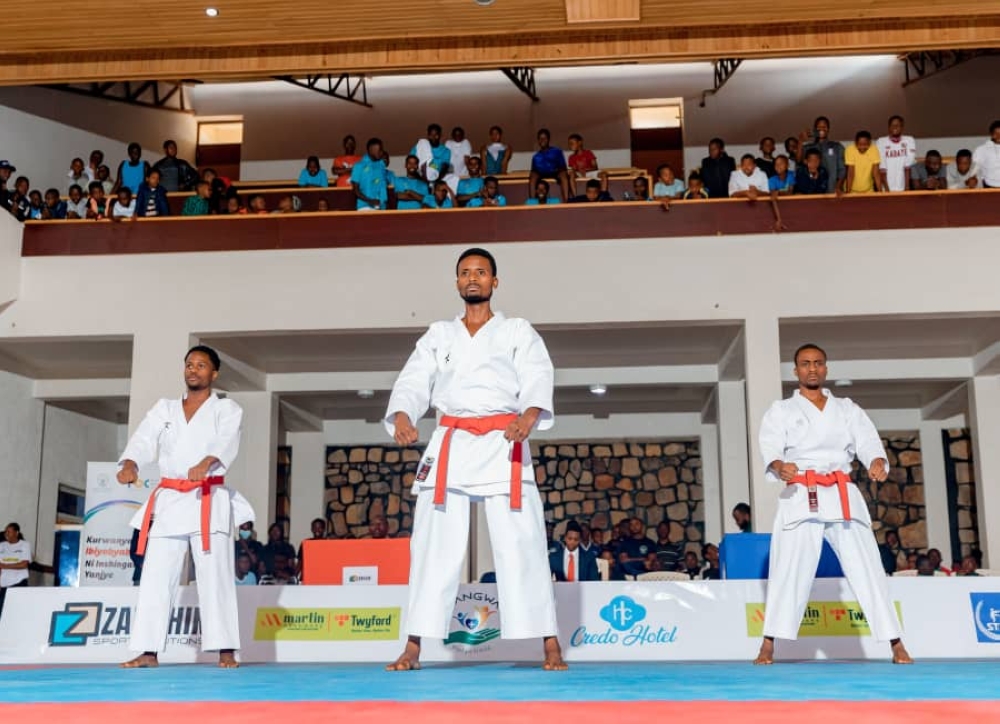 Harifa Niyitanga, Sharifu Dushime, and Sidike Niyonkuru, during a past local tournament, in Huye District. The three brothers bagged bronze at the 11th Commonwealth Karate Championships 2024, in Durban, South Africa, on Thursday, November 28. Courtesy of FERWAKA