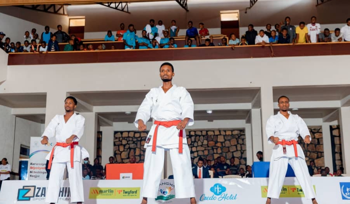 Harifa Niyitanga, Sharifu Dushime, and Sidike Niyonkuru, during a past local tournament, in Huye District. The three brothers bagged bronze at the 11th Commonwealth Karate Championships 2024, in Durban, South Africa, on Thursday, November 28. Courtesy of FERWAKA