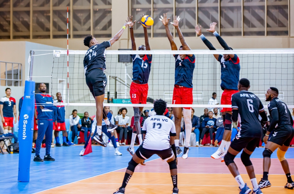 REG players jump high to block APR&#039;s attempt during their 3-2 set win on Friday, November 29, at Petit Stade Gymnasium-courtesy