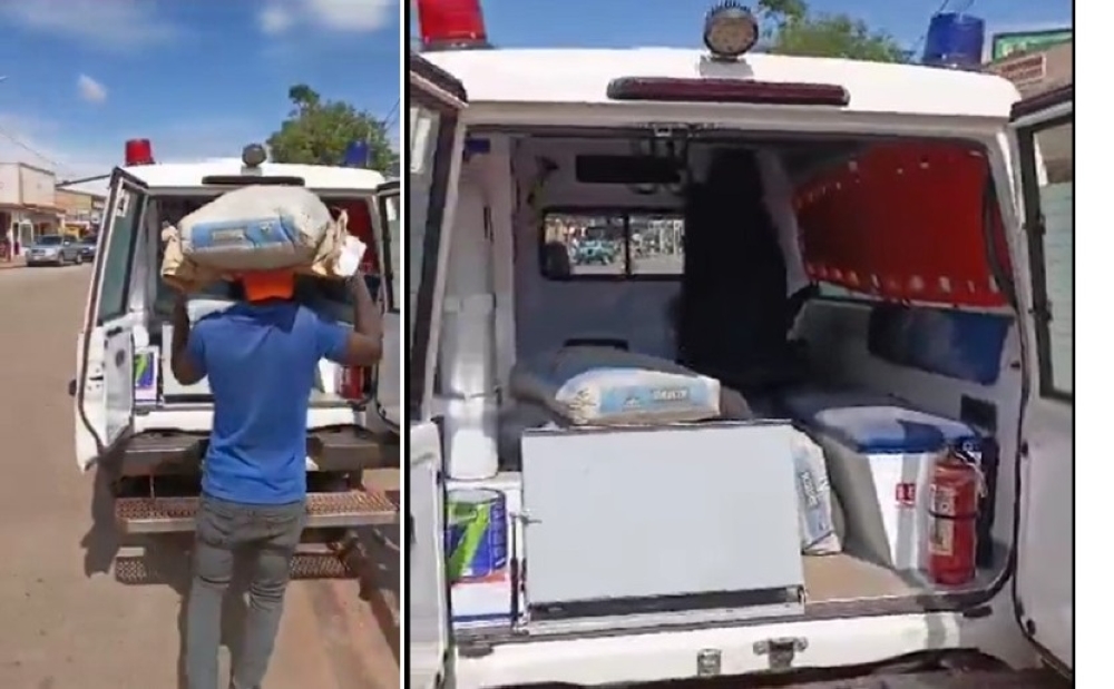 An ambulance captured  being loaded with cement sacks last week. Courtesy