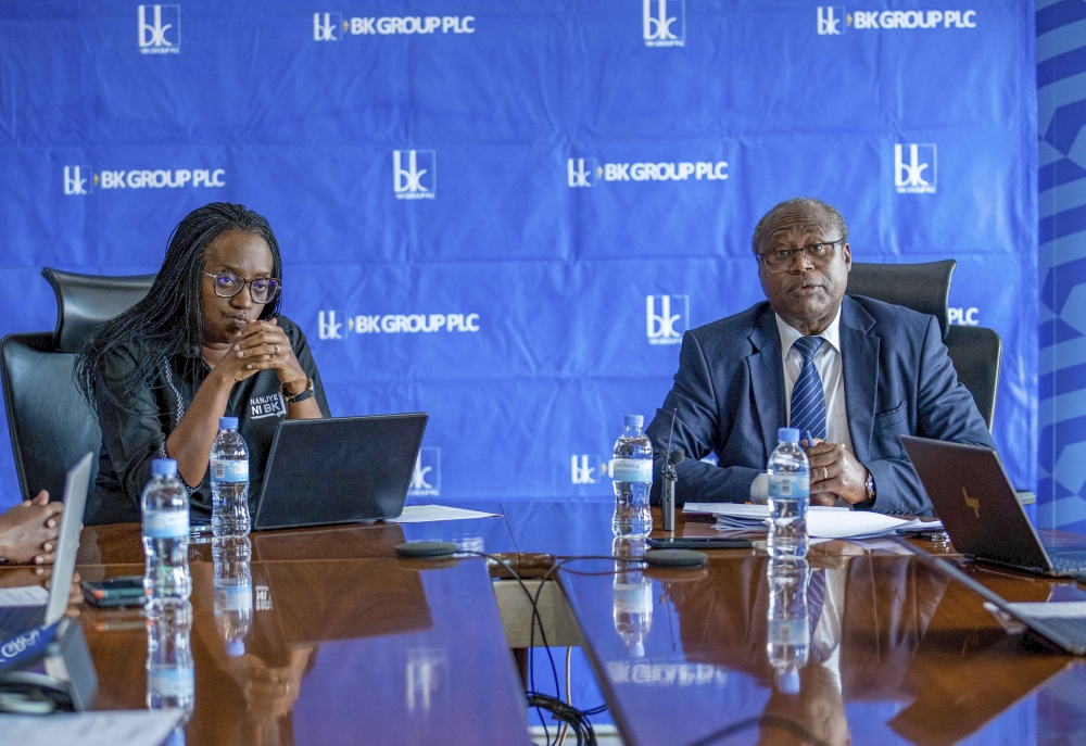 Dr. Uzziel Ndagijimana, Group CEO of BK Group Plc and Bank of Kigali CEO Diane Karusisi during a press conference on Friday, November 29. Photo by Dan Gatsinzi