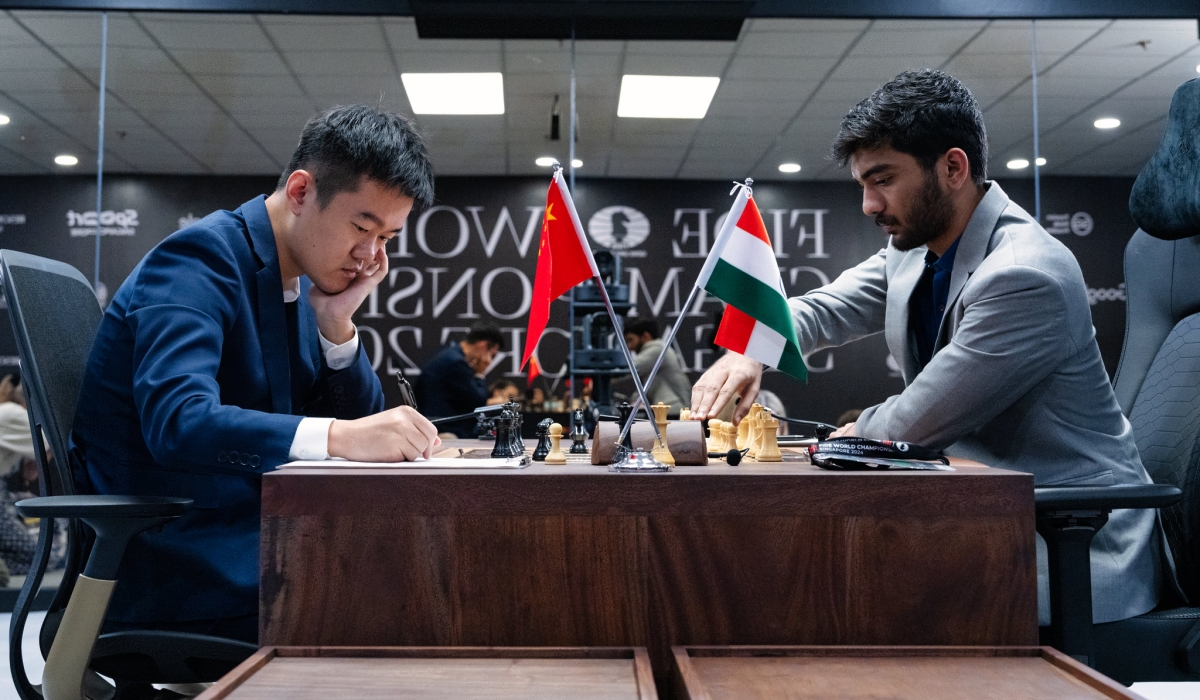 Ding Liren and Gukesh Dommaraju battle it out in game five of the 2024 FIDE World Championship, on Saturday, November 30. Courtesy of FIDE