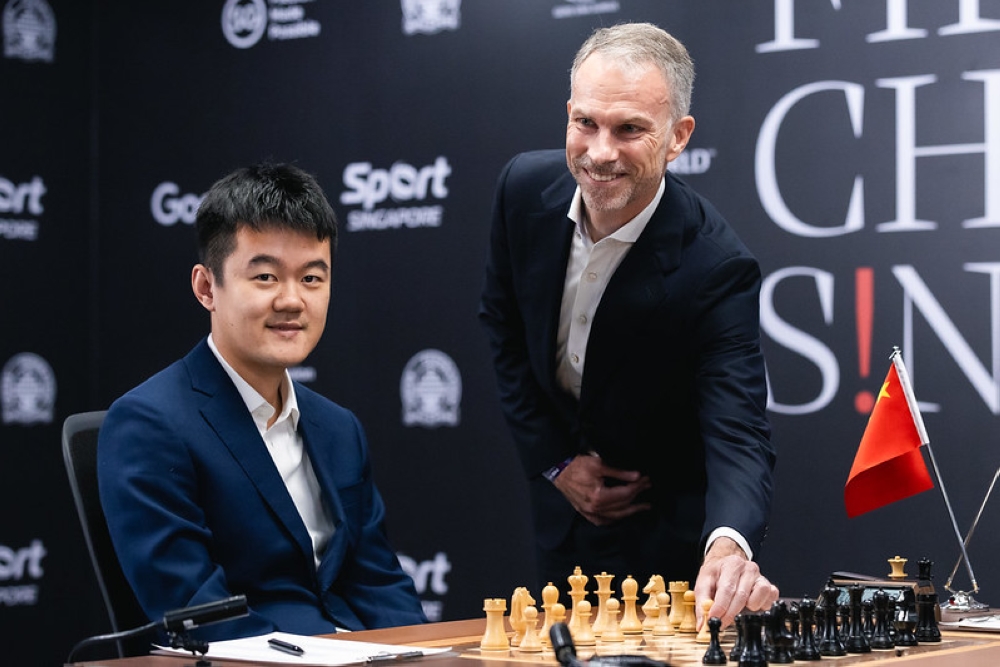 Scott Beaumont, the President of Google’s Asia-Pacific region, makes the ceremonial first move in Game 6 of the FIDE World Championship Match, on Sunday, December 1. Courtesy of FIDE