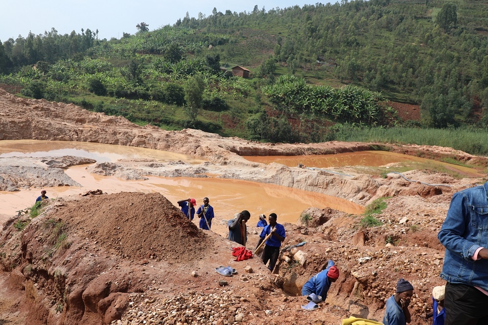 Miners on duty in Kabacuzi in Muhanga District. According to Rwanda Mines, Petroleum and Gas Board (RMB) , mining companies that pollute rivers could lose their licences. File